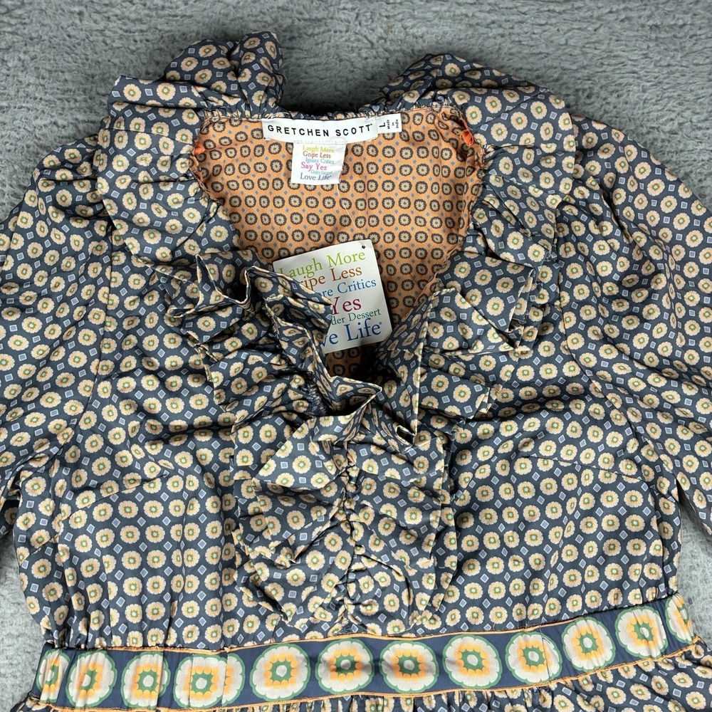 Gretchen Scott Tiered Maxi Dress Ruffle Collar Blue Orange Print Women's Large - Picture 2 of 16